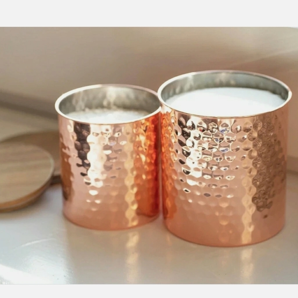 UNCOMMON JAMES Hammered Copper Plated Canister Set w/Wood Lids 45oz & 25oz - NEW